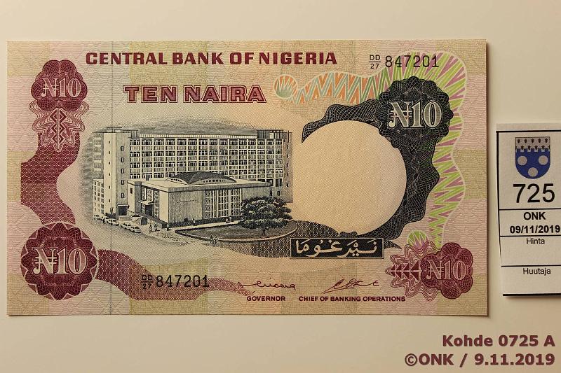 k-0725-a.jpg - Kohde 725 (kuva 1/2), lhthinta: 85 € / ei tarjouksia Nigeria 10 naira ND P#17b DD/27 847201, kunto: 9