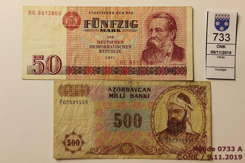 k-0733-a.jpg - Kohde 733, lhthinta: 10 € / myyntihinta: 10 € Saksa, Azerbaidan (2) 1971, -93 GDR 50 mk 1971; Azerbaidan 500 manat -93, kunto: 3, 4