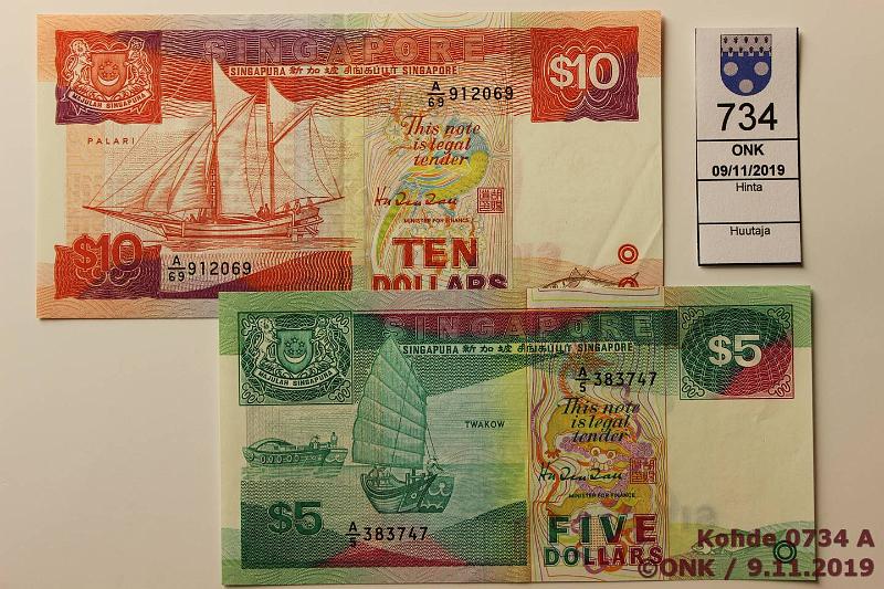 k-0734-a.jpg - Kohde 734, lhthinta: 5 € / myyntihinta: 10 € Singapore 5+10 $ ND P#20, 35, kunto: 7, 6