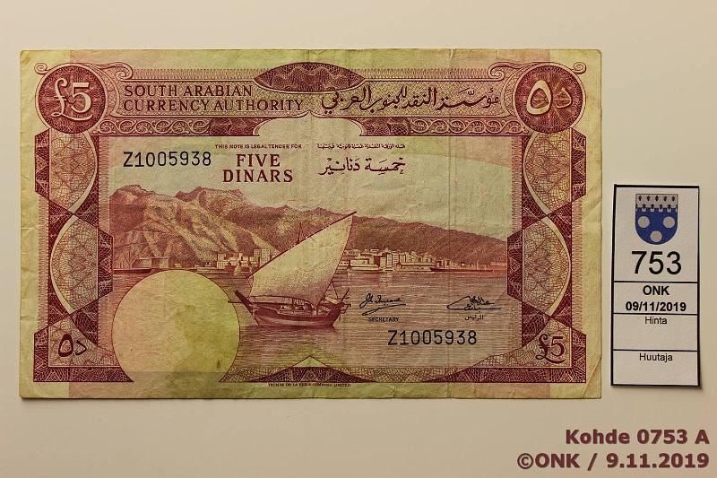 k-0753-a.jpg - Kohde 753, lhthinta: 15 € / myyntihinta: 21 € Jemen 5 dinars 1965 P#4 South Arabian Currency, kunto: 4