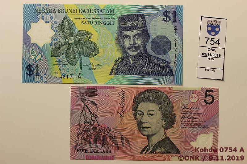 k-0754-a.jpg - Kohde 754, lhthinta: 5 € / myyntihinta: 8 € Brunei 1 ringgit, Australia 5 $ 1996, ND polymeerisetelit, kunto: 9