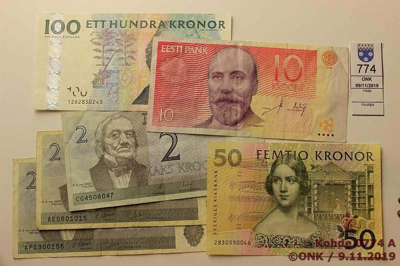 k-0774-a.jpg - Kohde 774, lhthinta: 5 € / myyntihinta: 10 € Eesti ja Ruotsi (6) 19922006 Eesti 2kr 1992(2), 2006, 10kr 2006; Ruotsi 50kr ND Lind, 100kr ND Linne, kunto: 3-7