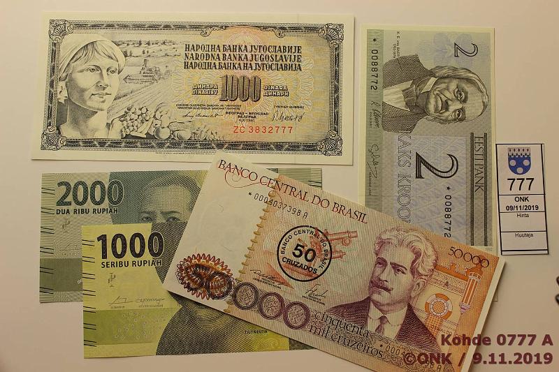 k-0777-a.jpg - Kohde 777, lhthinta: 10 € / myyntihinta: 10 € Eri maita (9) ND Brasilia 50 000c; Eesti 2k; Indonesia 1000 ja 2000r, Jugoslavia 1000d, kunto: 9