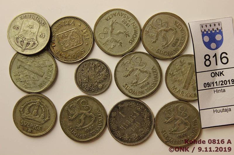 k-0816-a.jpg - Kohde 816, lhthinta: 15 € / myyntihinta: 17 € Hopeaer (12) 18741967 Ag, Suomi 50p 1892; 1mk 1874, 1964(2), -65(2), -66, -67(2); 100mk 1957. Ruotsi 50 1930, -46, kunto: 3-5