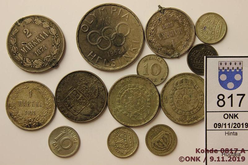 k-0817-a.jpg - Kohde 817, lhthinta: 15 € / myyntihinta: 17 € Hopeaer (13) 18741956 Ag, Suomi 1mk 1874 (korusta), 1915; 2mk 1874 (korusta); 500mk 1952 Olympia. Ruotsi 10 1936, -45, -47, -53(2), -56; 1k 1949(2), -54, kunto: 3-7