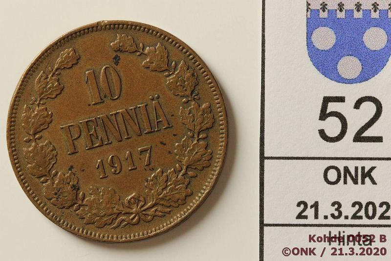 k-0052-b.jpg - Kohde 52 (kuva 2/2), lhthinta: 20 € / myyntihinta: 20 € 10 p 1917 Vaakunapuolelle tehty leijonavaakuna, phpja, erikoinen!, kunto: 5