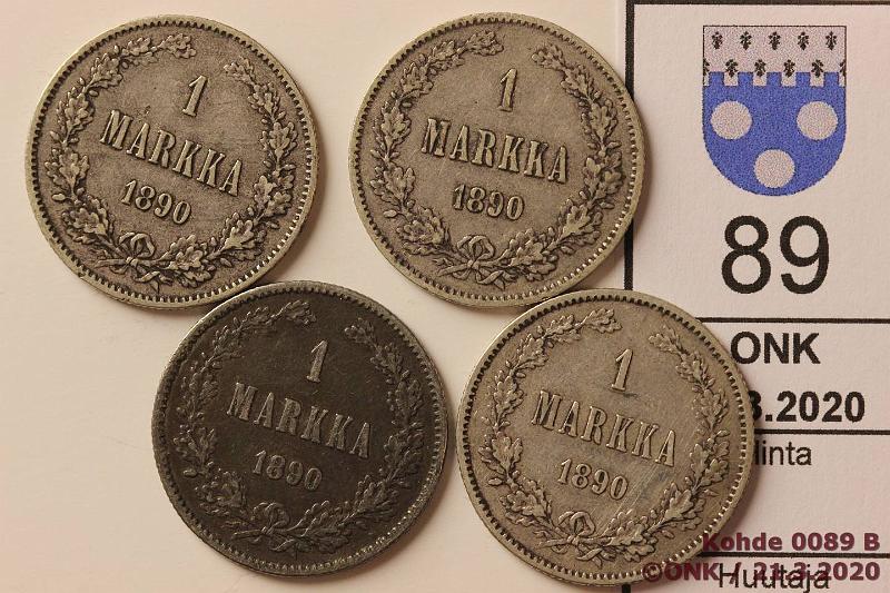 k-0089-b.jpg - Kohde 89, lhthinta: 20 € / myyntihinta: 20 € 1 mk 1890 (4) Ag, yksi tumma, kunto: 4