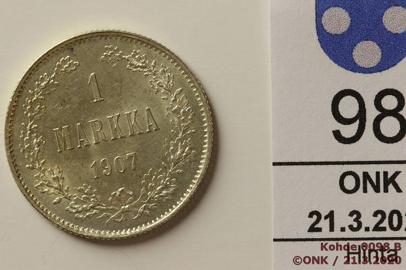 k-0098-b.jpg - Kohde 98, lhthinta: 50 € / ei tarjouksia 1 mk 1907 Ag, hnja, loistelias!, kunto: 9