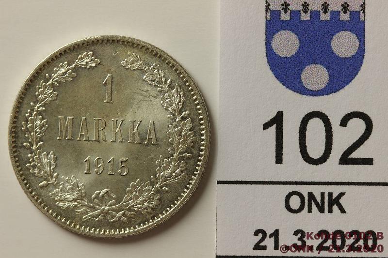 k-0102-b.jpg - Kohde 102, lhthinta: 10 € / myyntihinta: 10 € 1 mk 1915 Ag, vaakunapuolella likaa, kunto: 9