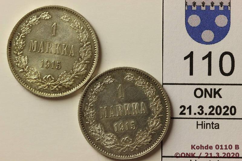 k-0110-b.jpg - Kohde 110, lhthinta: 15 € / myyntihinta: 16 € 1 mk 1915 (2) Ag, kaksi erilaista S-varianttia, hnja, loisteliaat!, kunto: 9