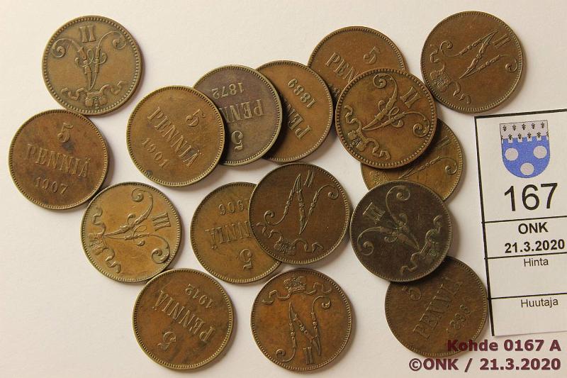 k-0167-a.jpg - Kohde 167, lhthinta: 30 € / myyntihinta: 42 € 5 p 1865-1912 (15) Cu, 1865, -67, -72, -75, -88, -89, -92, -97, -99, 1901, -05, -06, -07, -11, -12. Vuodet huomioiden hyvkuntoinen er, kunto: 4-6