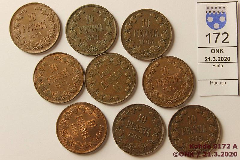 k-0172-a.jpg - Kohde 172, lhthinta: 15 € / myyntihinta: 19 € 10 p 1890-1917 (9) Cu, 1890, 1905, -07, -08, -12, -15, -16, -17 I+II, kunto: 5-8