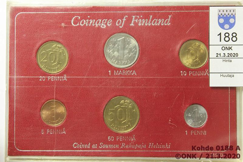 k-0188-a.jpg - Kohde 188, lhthinta: 10 € / myyntihinta: 27 € 1972 1p - 1mk, punaisessa MSFD kotelossa, teksti Coinage of Finland, Coined at Soumen Rahapaja, Finland, kunto: 8-9