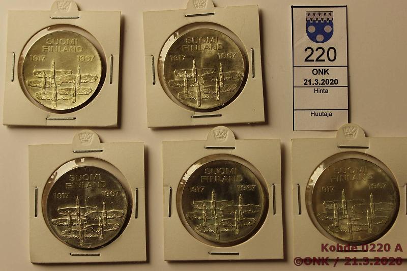 k-0220-a.jpg - Kohde 220, lhthinta: 30 € / myyntihinta: 39 € 10 mk 1967 (5) Ag, rahasilmiss, kunto: 8-9