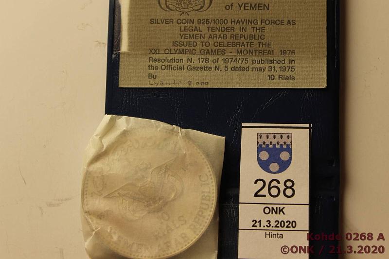 k-0268-a.jpg - Kohde 268, lhthinta: 15 € / myyntihinta: 16 € Jemen 10 rials 1395 (1976) KM#16 Ag, BU, 36g/925, XXI Summer Olympics, kotelo, tod, kunto: 9