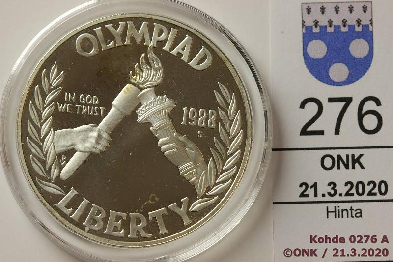 k-0276-a.jpg - Kohde 276, lhthinta: 10 € / myyntihinta: 10 € USA 1 $ 1988 KM#222 Ag, Proof 26,73g/900, Seoul Olympiad, kapseli, kunto: 10