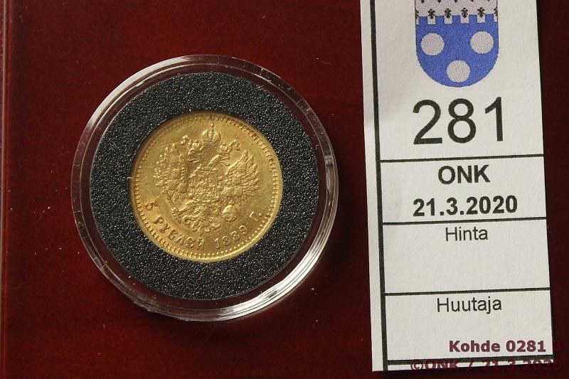 k-0281-b.jpg - Kohde 281 (kuva 2/2), lhthinta: 225 € / myyntihinta: 331 € 5 rpl 1889 Y#42 Au, АГ, Monetan tod, laatikko, kunto: 7