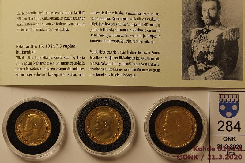 k-0284-a.jpg - Kohde 284 (kuva 1/2), lhthinta: 1000 € / myyntihinta: 1450 € 7-15 rpl (3) 1897-99 Y#63, 64, 65.1 Au, 7r 1897 АГ, 10r-99 ЭБ, 15r-97 АГ, puulaatikko, tod., kunto: 8, 7, 7