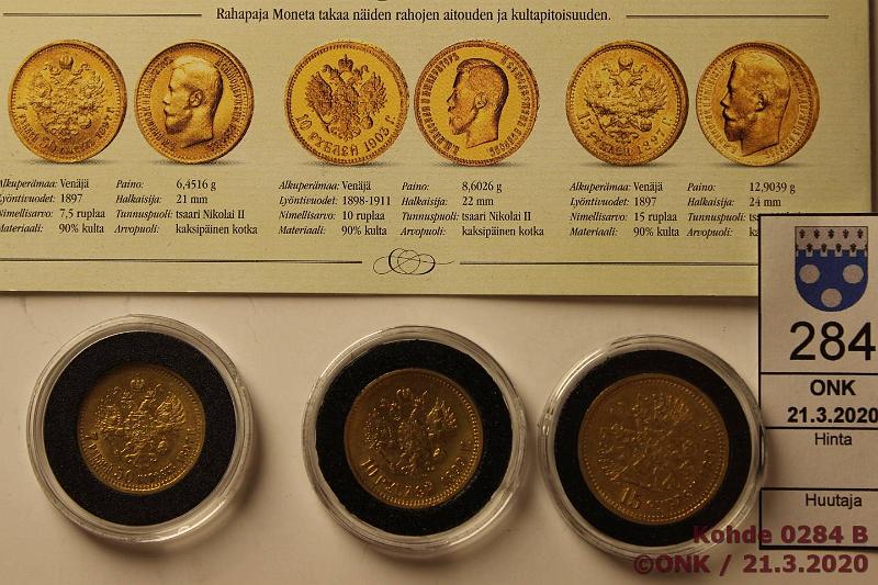 k-0284-b.jpg - Kohde 284 (kuva 2/2), lhthinta: 1000 € / myyntihinta: 1450 € 7-15 rpl (3) 1897-99 Y#63, 64, 65.1 Au, 7r 1897 АГ, 10r-99 ЭБ, 15r-97 АГ, puulaatikko, tod., kunto: 8, 7, 7