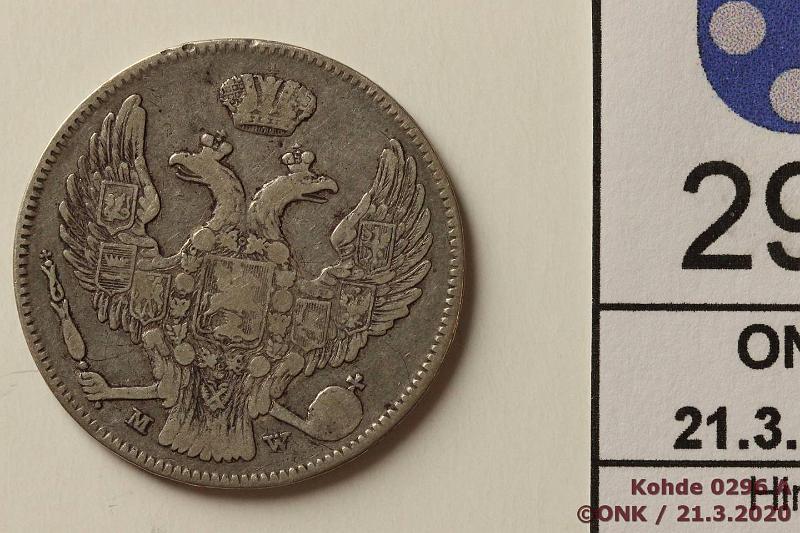 k-0296-a.jpg - Kohde 296 (kuva 1/2), lhthinta: 10 € / myyntihinta: 16 € 30 kop 2 zlote 1838 C#132 Ag, MW. Russia/Poland, kunto: 4