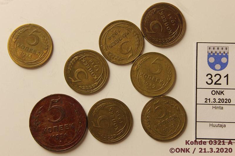 k-0321-a.jpg - Kohde 321, lhthinta: 10 € / myyntihinta: 82 € 5 kop (7) 1924-34 Cu, 1924, -28-32, -34, kunto: 3-6