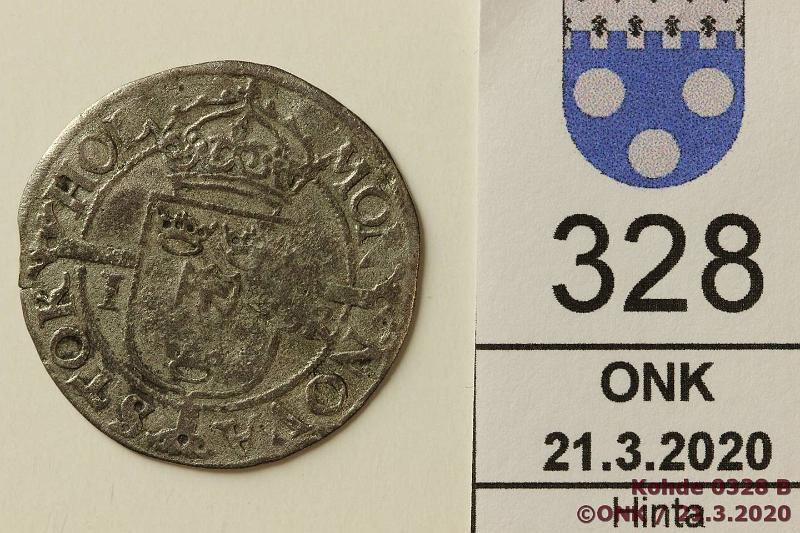 k-0328-b.jpg - Kohde 328 (kuva 2/2), lhthinta: 40 € / myyntihinta: 44 € 1  1575 MB#153.1 Ag, Johann III, Standing Armored King, taipunut, eprv. Paino 2,16g, kunto: 3