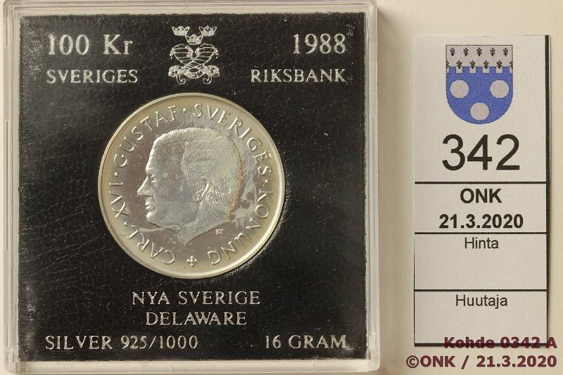 k-0342-a.jpg - Kohde 342, lhthinta: 5 € / myyntihinta: 13 € 100 kr 1988 KM#867 Ag, 16g/925, New Sweden Colony, kotelo, kunto: 9