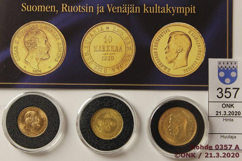 k-0357-a.jpg - Kohde 357 (kuva 1/2), lhthinta: 700 € / myyntihinta: 700 € Er (3) 1882-1901 Au, Suomi 10mk 1882, Ruotsi 10kr 1901, Venj 10r 1899, puulaatikko, tod, kunto: 7-9