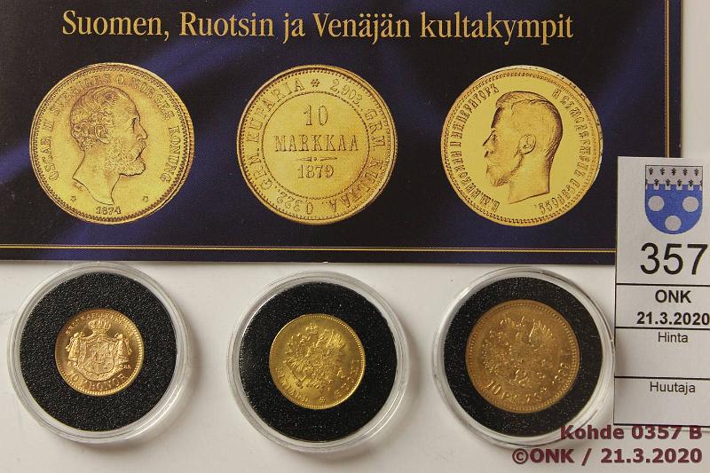 k-0357-b.jpg - Kohde 357 (kuva 2/2), lhthinta: 700 € / myyntihinta: 700 € Er (3) 1882-1901 Au, Suomi 10mk 1882, Ruotsi 10kr 1901, Venj 10r 1899, puulaatikko, tod, kunto: 7-9