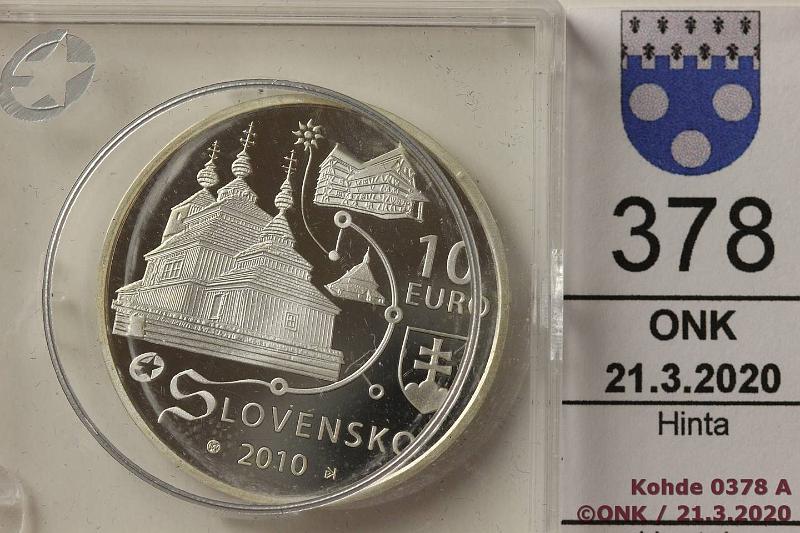 k-0378-a.jpg - Kohde 378, lhthinta: 12 € / myyntihinta: 12 € Slovakia 10 € 2010 KM#110 Ag, Proof, 18g/900, Wooden Churches, kapselin kiinnike rikki, kunto: 10