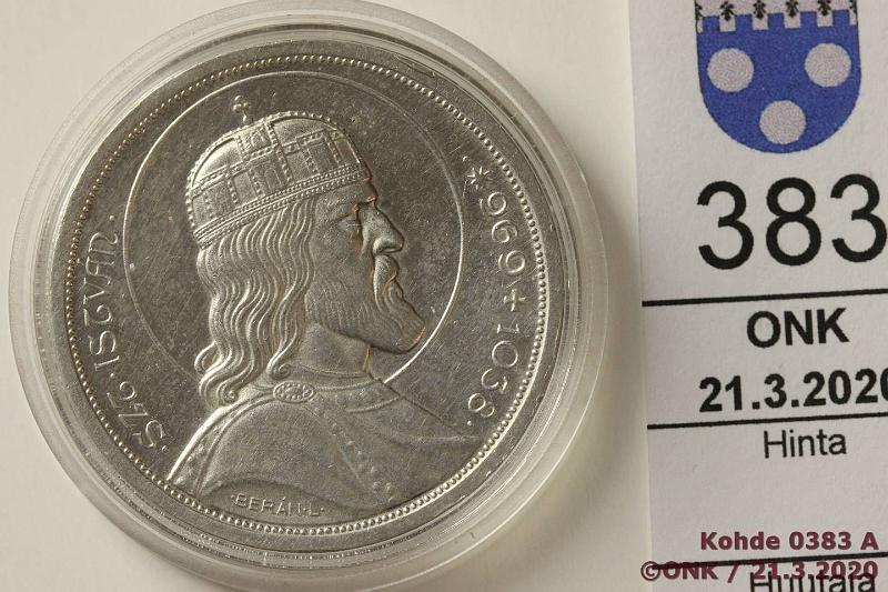 k-0383-a.jpg - Kohde 383, lhthinta: 8 € / myyntihinta: 11 € Unkari 5 peng 1938 KM#516 Ag, 25g/640, eprv, kapseli, kunto: 7