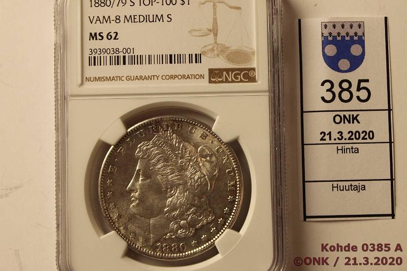 k-0385-a.jpg - Kohde 385 (kuva 1/2), lhthinta: 40 € / myyntihinta: 51 € USA 1 d 1880s KM#110 Ag, 26,73g/900, NGC slabissa MS 62, VAM-8, medium S, kunto: 8