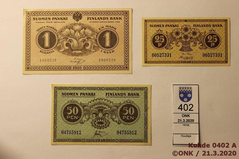 k-0402-a.jpg - Kohde 402, lhthinta: 5 € / myyntihinta: 12 € 25 p - 1 mk 1916-18 (3) SNY 103, 105, 112.2b, 25 ja 50p 1918, 1mk-16, kunto: 6-8