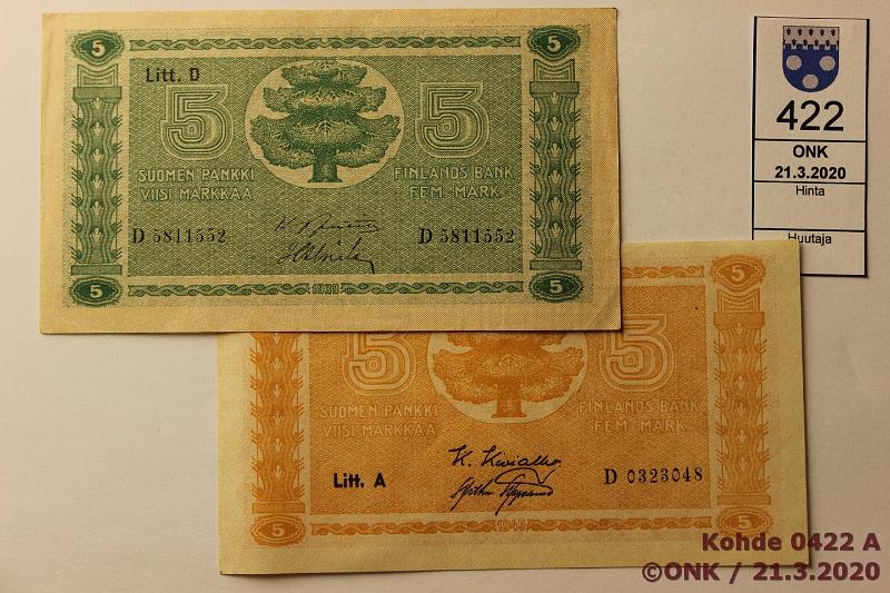 k-0422-a.jpg - Kohde 422, lhthinta: 10 € / myyntihinta: 10 € 5 mk 1939, -45 LA SNY 133-4.1, 1939 vl 1 JUT-Als, -45 KIV-AAs, kunto: 7