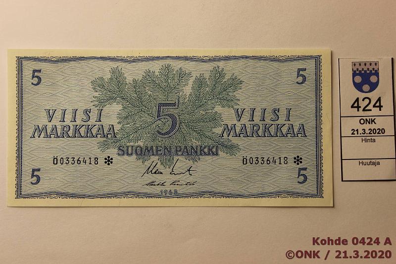 k-0424-a.jpg - Kohde 424, lhthinta: 100 € / myyntihinta: 100 € 5 mk 1963 * SNY 135.2 0336418* KO II-Pu1, ei taitteita, korvaava, kunto: 8