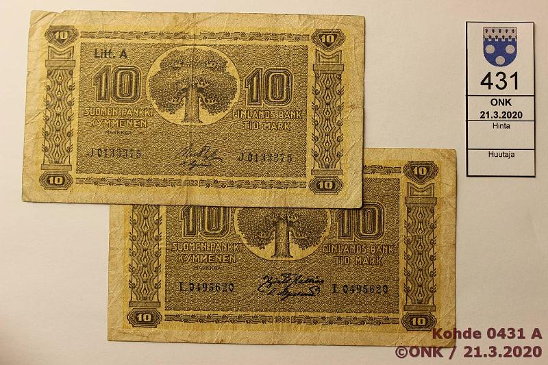 k-0431-a.jpg - Kohde 431, lhthinta: 5 € / myyntihinta: 5 € 10 mk 1922 LA (2) SNY 143.2, L..KAL-OAs, J..RYT-OAs, pehmeit, toisessa rep, toisessa ohentuma, kunto: 3