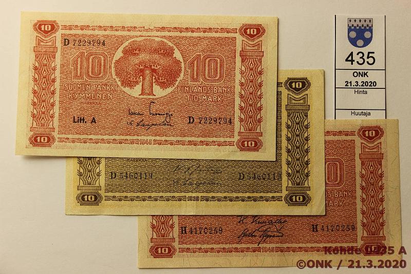 k-0435-a.jpg - Kohde 435, lhthinta: 5 € / myyntihinta: 15 € 10 mk 1939-45 (3) SNY 144.?, 145.1-2. 1939 D..JUT-OAs, -45 LA D..TUO-Car, LB H..KIV-AAs, kunto: 5, 8, 7