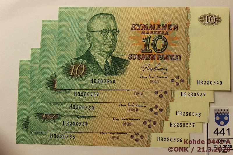 k-0441-a.jpg - Kohde 441, lhthinta: 5 € / myyntihinta: 12 € 10 mk 1980 (5) SNY 147.1, H8280536-50 KU I-Lin, perkkisi, kunto: 7-9