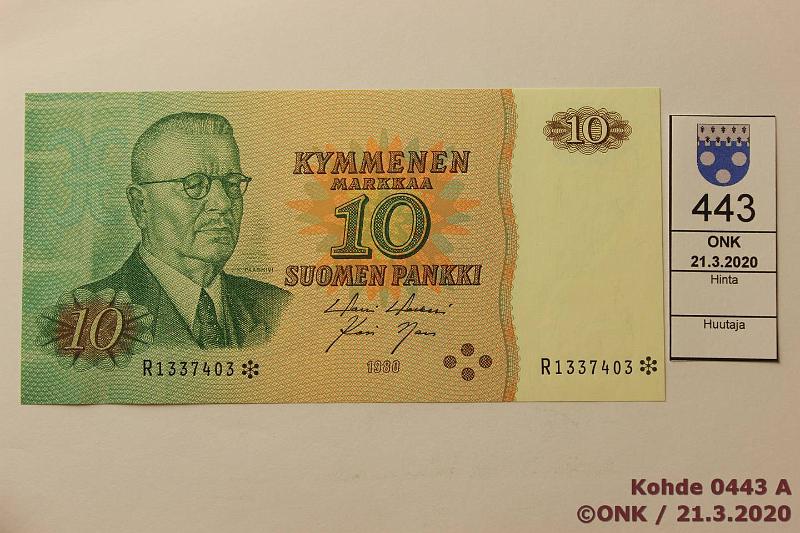 k-0443-a.jpg - Kohde 443, lhthinta: 5 € / myyntihinta: 12 € 10 mk 1980 R* SNY 147.2, R1337403* HOL-Nar, korvaava, kunto: 9