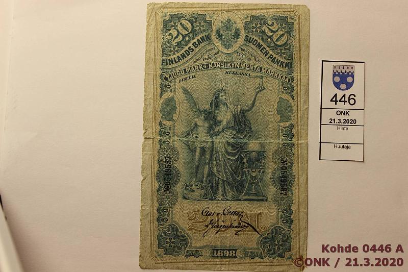 k-0446-a.jpg - Kohde 446, lhthinta: 80 € / ei tarjouksia 20 mk 1898 SNY 154.1 0549587 Collan-Jgerskild, rep, reunarosoa, tahroja, kunto: 3