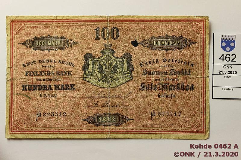 k-0462-a.jpg - Kohde 462 (kuva 1/2), lhthinta: 600 € / ei tarjouksia 100 mk 1882 SNY 174.1 325542 Wallenius-Stenius, Kpenhaminan painos, rep, reiki, tahra, kunto: 2