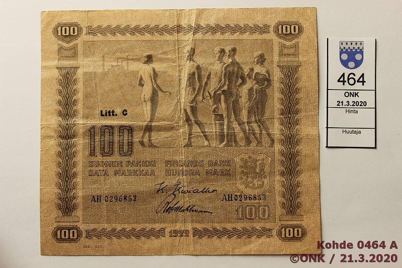 k-0464-a.jpg - Kohde 464, lhthinta: 15 € / ei tarjouksia 100 mk 1922 LC SNY 178.5 AH0296853 KIV-Wah, pieni keskireik, kunto: 3