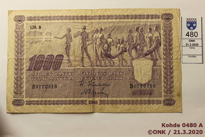 k-0480-a.jpg - Kohde 480, lhthinta: 30 € / ei tarjouksia 1000 mk 1945 LB SNY 199.3 B5770518 KIV-Als, eprep, keskireik, tahra, kunto: 3