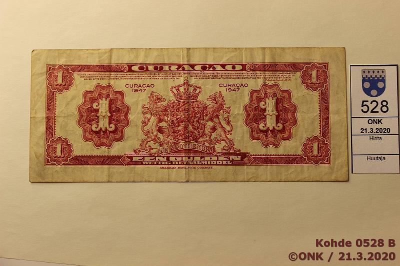 k-0528-b.jpg - Kohde 528 (kuva 2/2), lhthinta: 70 € / myyntihinta: 70 € Curacao 1 gulden 1947 P#35b B293577, kunto: 4