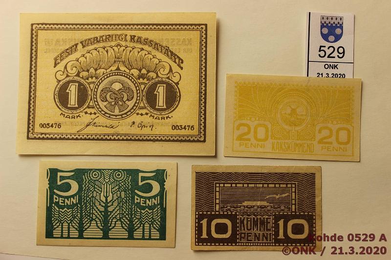 k-0529-a.jpg - Kohde 529, lhthinta: 10 € / myyntihinta: 23 € Eesti 5 p - 10 mk (4) 1919 P#39-41, 43 5, 10, 20p ja 1mk, 10p kl 4, muut 8-9, kunto: 8-9, 4