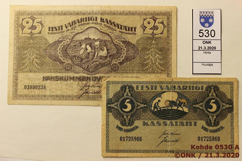 k-0530-a.jpg - Kohde 530, lhthinta: 5 € / myyntihinta: 5 € Eesti 5 + 25 mk 1919 P#45, 47 Molemmissa isoja rep, kunto: 2, 4