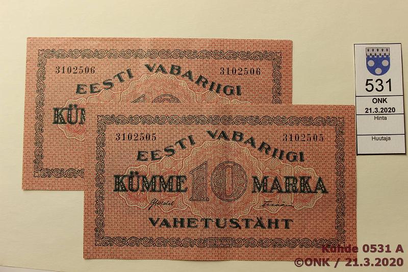 k-0531-a.jpg - Kohde 531, lhthinta: 10 € / myyntihinta: 23 € Eesti 10 mk (2) 1922 P53 3102505-6, perkkiset, kunto: 5