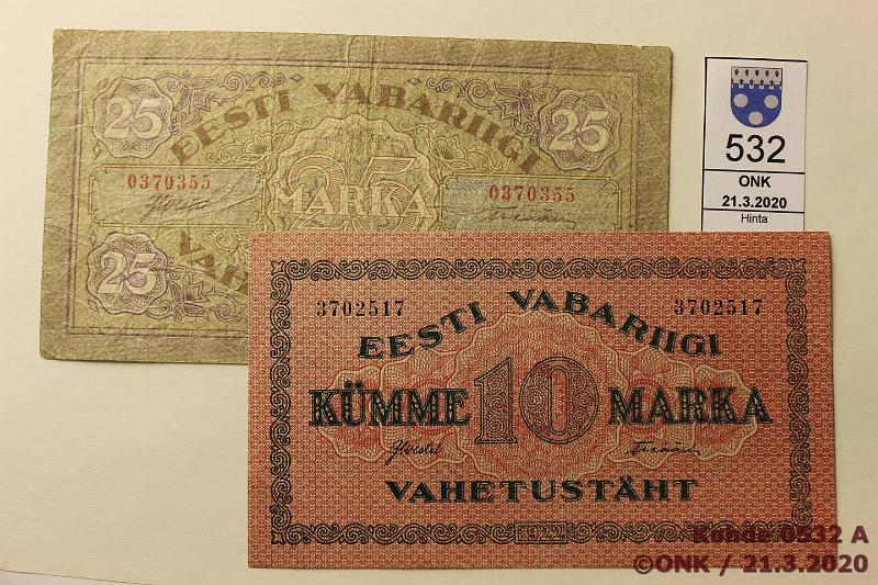 k-0532-a.jpg - Kohde 532, lhthinta: 15 € / myyntihinta: 21 € Eesti 10 mk + 25 mk 1922 P53-4 10mk sil, 25mk pehme, kunto: 6, 3