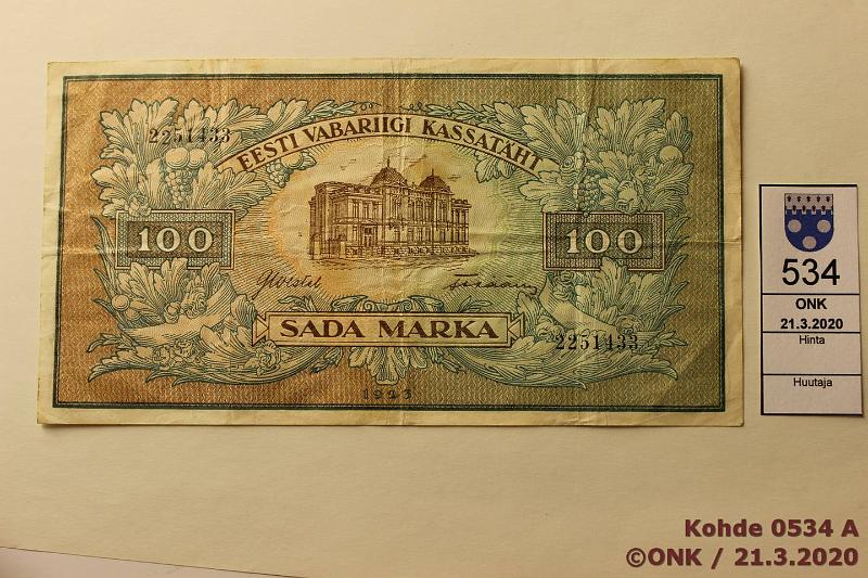 k-0534-a.jpg - Kohde 534 (kuva 1/2), lhthinta: 30 € / myyntihinta: 30 € Eesti 100 mk 1923 P#51 Nurkassa rep, kunto: 4