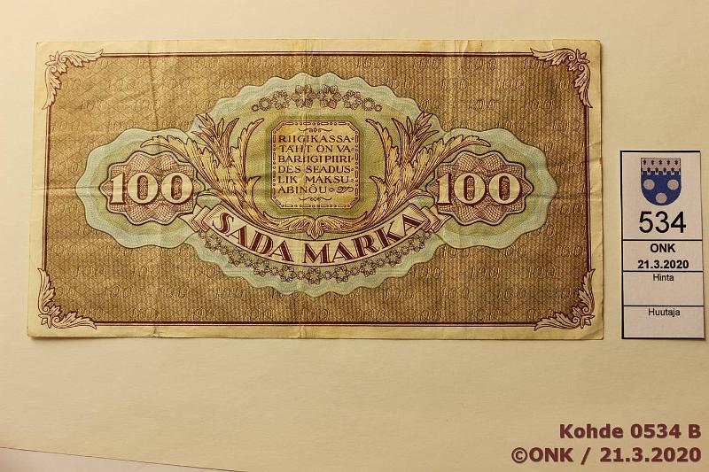 k-0534-b.jpg - Kohde 534 (kuva 2/2), lhthinta: 30 € / myyntihinta: 30 € Eesti 100 mk 1923 P#51 Nurkassa rep, kunto: 4